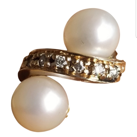 Sale! Vintage 14k toi moi Pearls & diamonds bypass gold ring - Picture 3 of 11